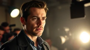 Professional actor in dramatic film scene, intense emotional expression, theatrical lighting, cinematic depth of field, film production environment, serious dramatic moment, character-driven performance