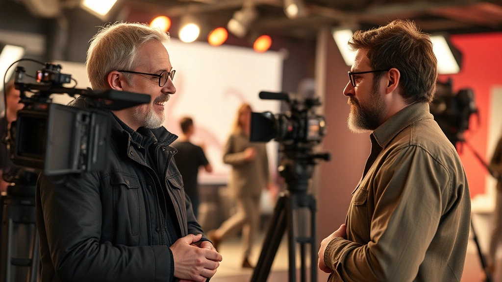 Film director and actor in collaborative discussion on movie set, creative conversation, production design visible background, professional filmmaking atmosphere, artistic direction moment, behind-scenes filmmaking process