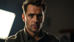 Professional actor in dramatic scene, intense expression, moody cinematic lighting, studio portrait style, contemplative pose