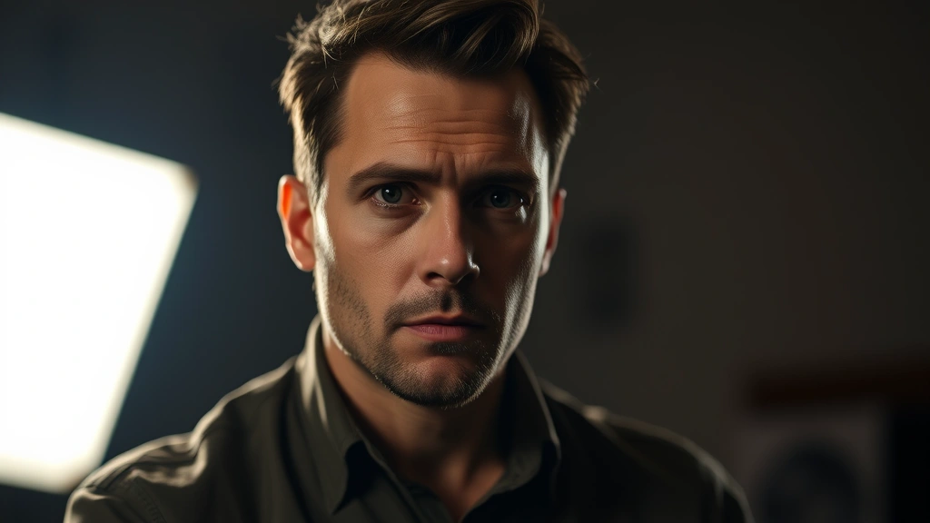 Professional actor in dramatic scene, intense expression, moody cinematic lighting, studio portrait style, contemplative pose