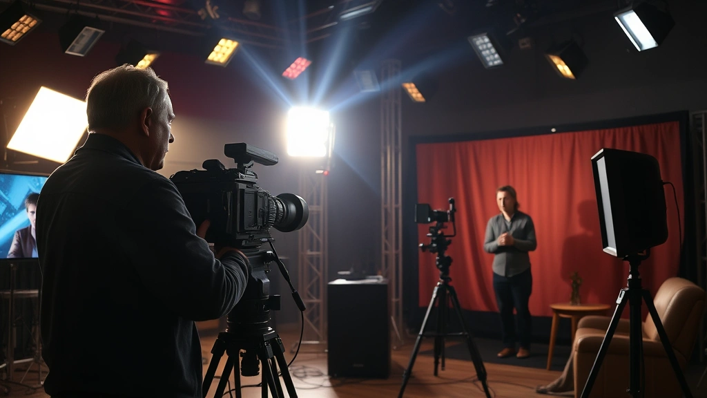Television production set with dramatic lighting, actor in character performing scene, professional on-set photography, cinematic atmosphere