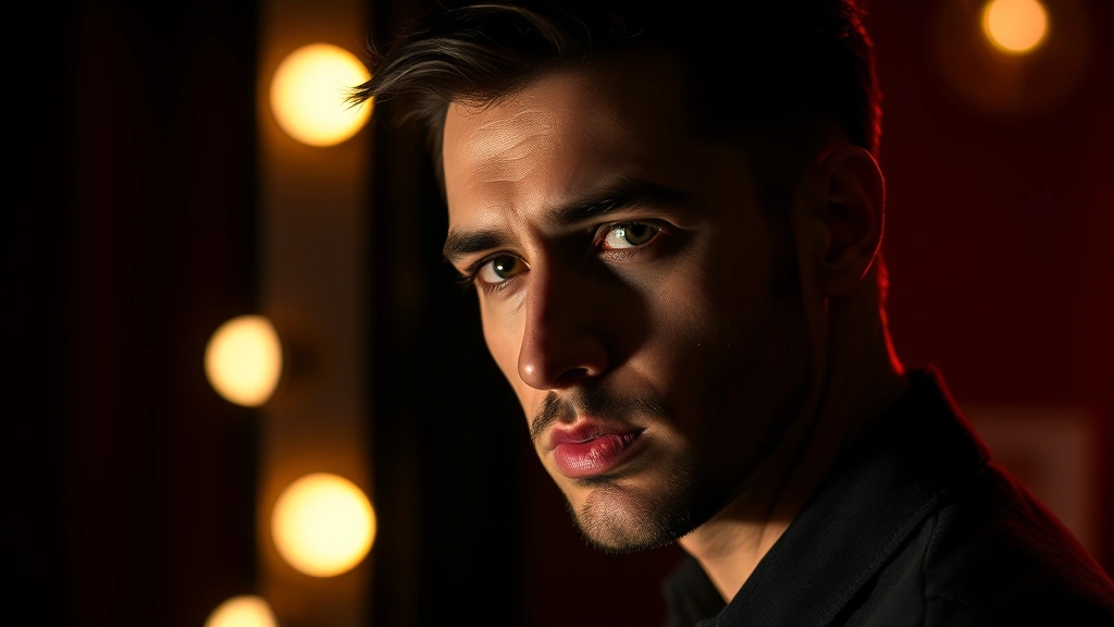 Film noir aesthetic portrait, actor in professional headshot style, dramatic side lighting, sophisticated entertainment industry photography