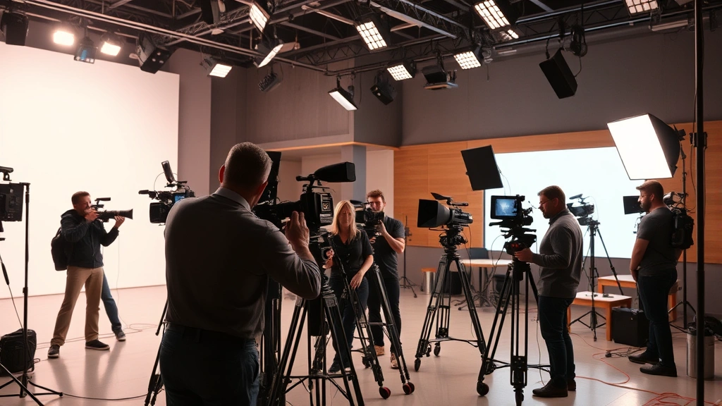 Professional television production scene with multiple crew members operating cameras and lighting equipment on an interior set, cinematic production quality, realistic studio environment