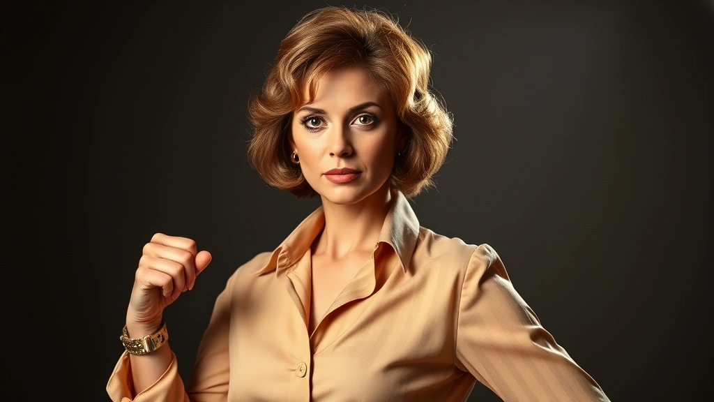 Woman in 1970s fashion posture of confidence and strength, dramatic studio lighting emphasizing presence and power, professional photograph style, no visible text or interface elements