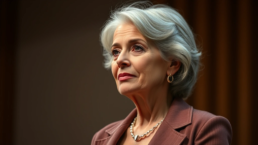 Portrait of accomplished female performer in mature professional setting, sophisticated styling reflecting decades of career experience, warm studio lighting, contemplative expression, no text elements