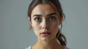 Young woman with expressive eyes in professional studio lighting, neutral background, contemplative expression, modern cinema aesthetic, natural lighting setup with key light and fill