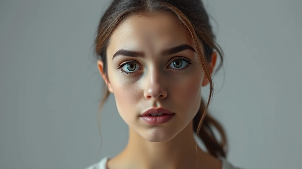 Young woman with expressive eyes in professional studio lighting, neutral background, contemplative expression, modern cinema aesthetic, natural lighting setup with key light and fill