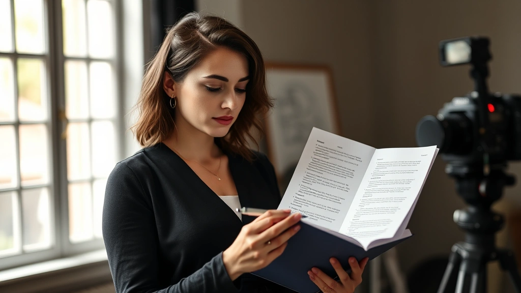 Female actor reviewing script pages on set, holding notebook and pen, professional production environment, soft natural window lighting, focused concentration expression, behind-scenes authenticity