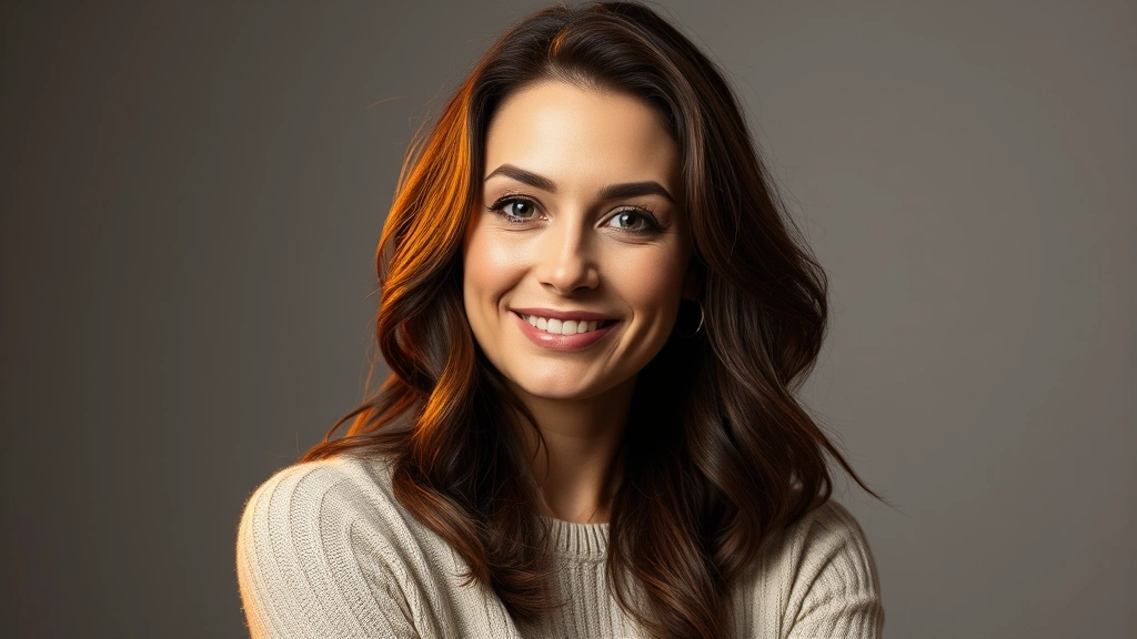 Woman in professional headshot style pose with warm studio lighting, confident but approachable demeanor, contemporary entertainment industry photography, neutral backdrop, professional makeup and styling