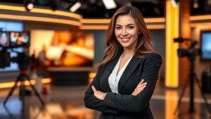Professional female actress in modern television studio setting, confident pose, warm lighting, professional attire, contemporary media environment, no text or graphics visible