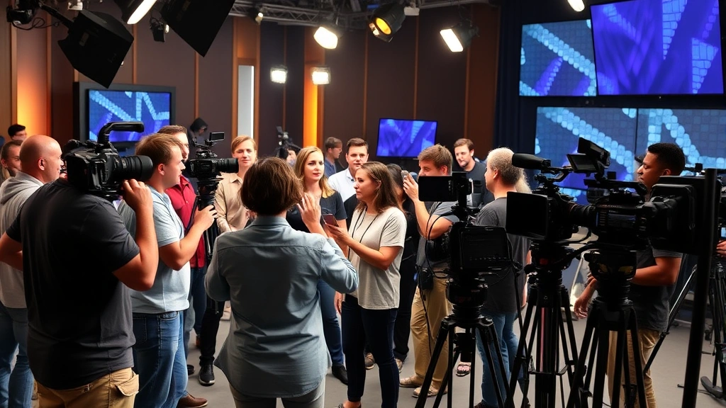 Diverse television production crew working collaboratively on set, cameras and lighting equipment, creative team interaction, behind-the-scenes atmosphere, professional broadcast environment, no identifiable screens