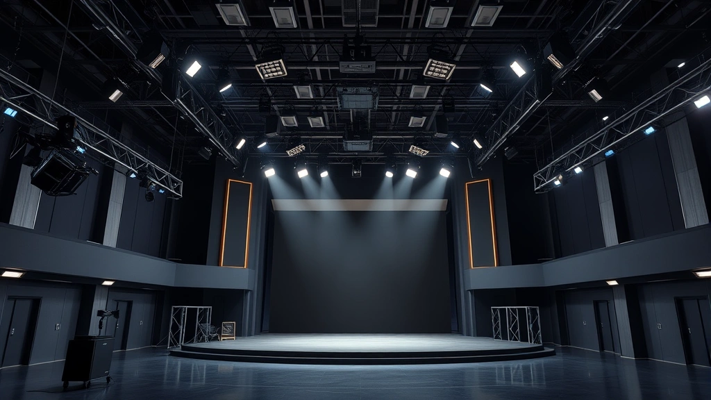 Modern television soundstage with set design elements, professional lighting rigs overhead, empty stage ready for performance, broadcast production facility, contemporary equipment, no visible text or digital displays