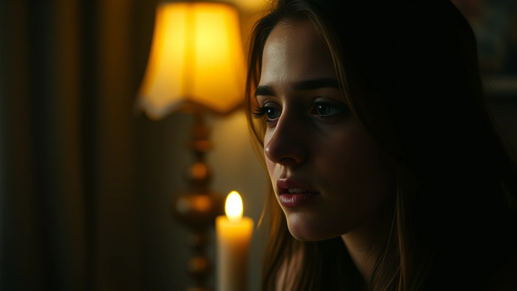 Young woman in candlelit room during intimate dramatic scene, close-up facial expression, tear-streaked face, natural lighting, vulnerability and emotional intensity, indie film aesthetic