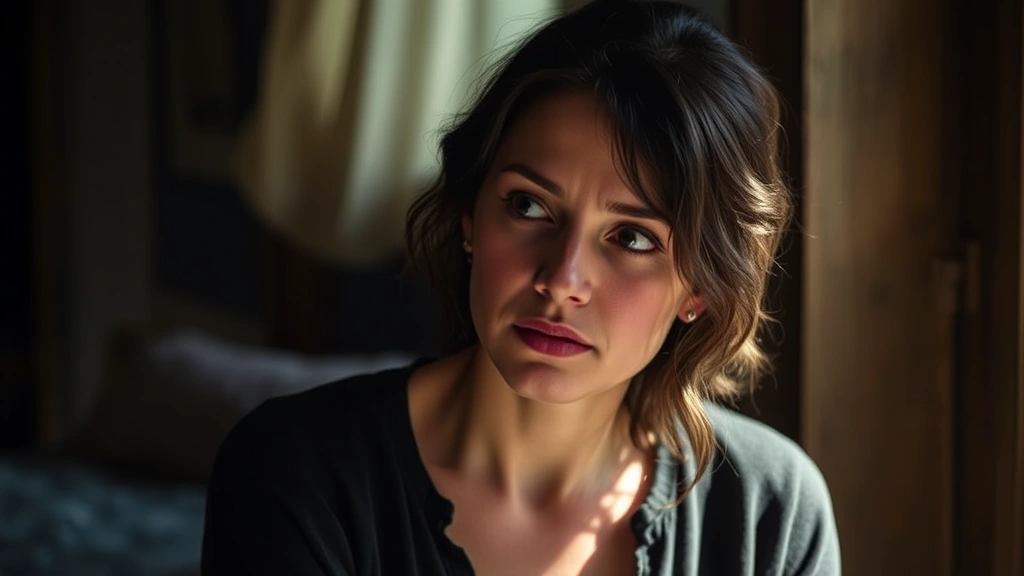 Actress in contemplative moment during dramatic indie film scene, natural lighting, intimate framing, serious expression conveying emotional depth and psychological complexity