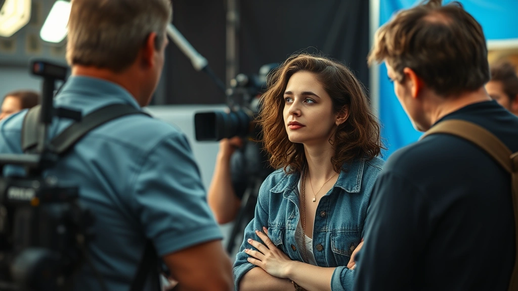 Pauline Chalamet on film set with director and cinematographer, collaborative creative moment, professional environment, focused concentration, artistic discussion and filmmaking process