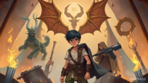 Young person in camp setting surrounded by mythological symbols and training equipment, digital illustration style, fantasy atmosphere with modern elements, no text visible