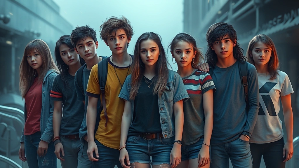 Diverse group of teenagers in contemporary clothing with subtle mythological visual effects around them, cinematic lighting, adventure mood, photorealistic digital art, no screens or interfaces