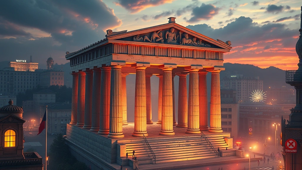 Ancient Greek architecture blended with modern city landscape, magical visual effects, cinematic composition, dreamlike quality, no text or signage visible