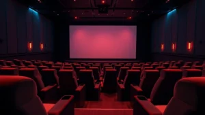 Wide-angle interior shot of a modern movie theater auditorium with plush reclining seats, warm ambient lighting, and a large projection screen glowing softly in darkness. Emphasize comfort and luxury cinema seating design without showing any screen content or text.
