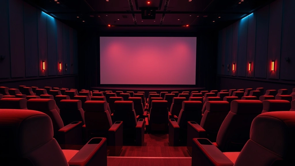 Wide-angle interior shot of a modern movie theater auditorium with plush reclining seats, warm ambient lighting, and a large projection screen glowing softly in darkness. Emphasize comfort and luxury cinema seating design without showing any screen content or text.