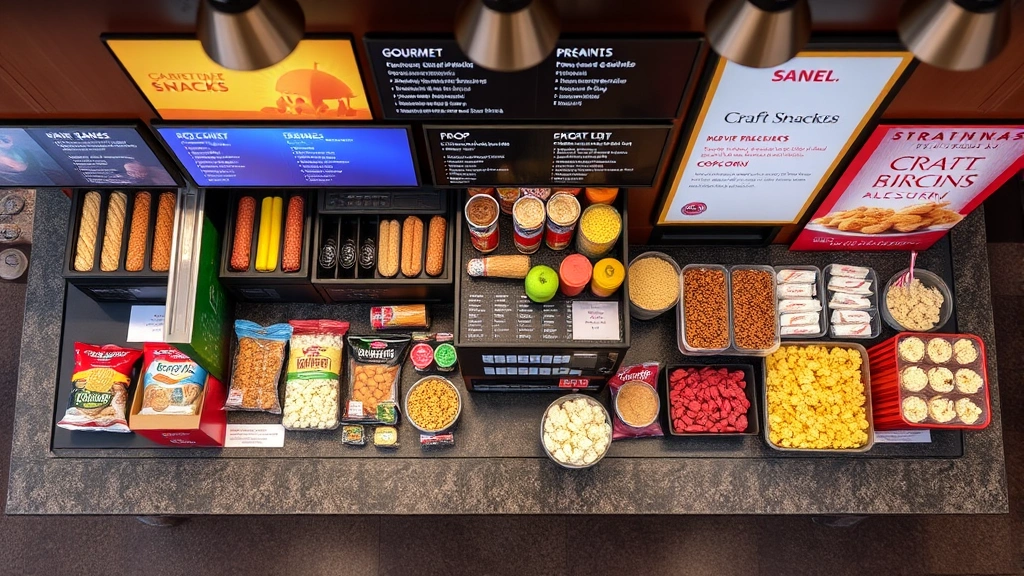 Overhead view of movie theater concession counter displaying gourmet snacks, craft beverages, and premium popcorn options. Show colorful array of offerings and professional presentation without visible price signs or text displays.