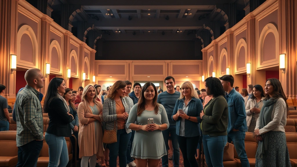 Diverse group of people of various ages standing in a movie theater lobby with architectural details, comfortable seating areas, and warm lighting creating welcoming atmosphere. Capture genuine social interaction and community gathering feeling without showing screens or digital displays.