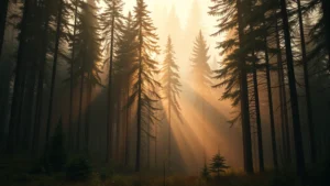 Wide forest landscape with misty atmosphere, golden sunlight filtering through tall pine trees, natural Pacific Northwest environment, photorealistic, no people or text visible, cinematic lighting creating depth and wonder