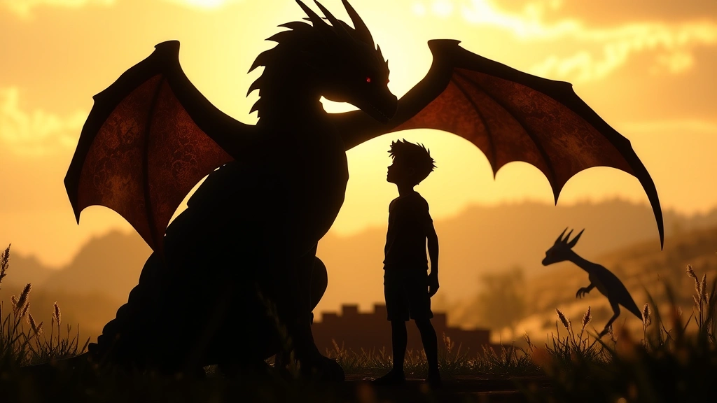 Silhouette of young boy standing beside large dragon figure in natural outdoor setting, magical glowing light surrounding both characters, emotional connection conveyed through body language, photorealistic rendering, no text or dialogue visible