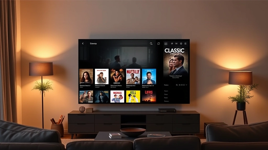 Digital streaming interface showing classic family films library on television screen in modern living room, warm ambient lighting, comfortable viewing environment, no readable text or specific titles visible, focus on accessibility and modern viewing experience