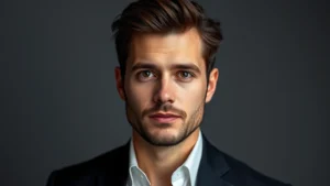 Professional headshot of male actor in modern studio lighting, sophisticated expression, contemporary styling, clean neutral background, photorealistic professional photography