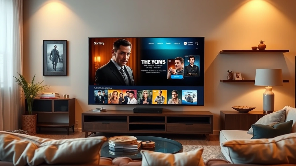Modern streaming platform interface displayed on television screen showing drama series thumbnail, living room setting with comfortable seating, warm ambient lighting, photorealistic domestic entertainment scene