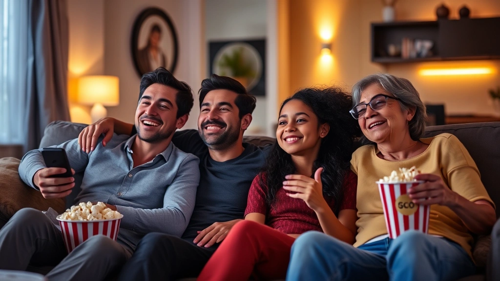 Diverse family watching movie together on comfortable couch, warm living room lighting, genuine smiles, popcorn bowl visible, streaming device remote on armrest, modern home interior, cinematic moment