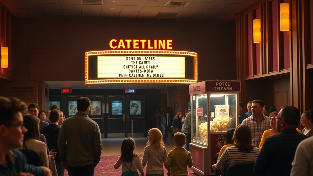 Movie theater interior with families entering, ticket booth in background, illuminated marquee showing movie titles, popcorn stand with attendant, diverse audiences, warm ambient lighting, architectural theater details visible