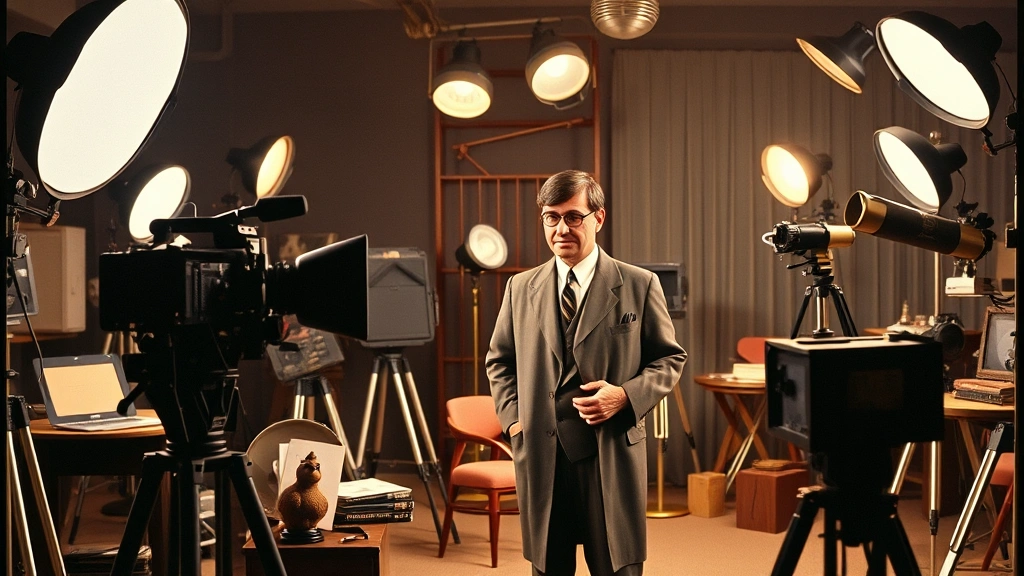 Vintage 1960s film set with director Blake Edwards and Peter Sellers in character as Inspector Clouseau, surrounded by elaborate comedic prop arrangements and lighting equipment, classic cinema production aesthetic