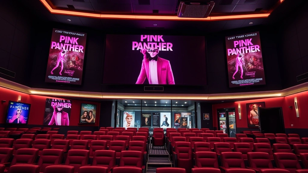Modern movie theater interior with Pink Panther film posters and promotional materials displayed, comfortable seating visible, digital projection system, contemporary cinema environment