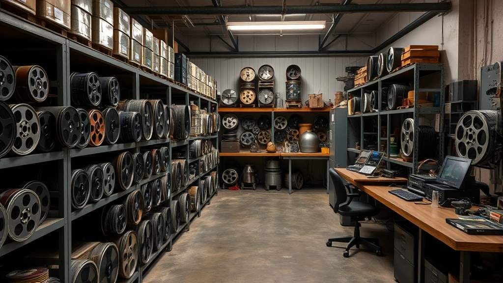 Film archive storage facility with organized movie reels, canisters, and preservation equipment, archival lighting highlighting restored film materials and restoration workstations