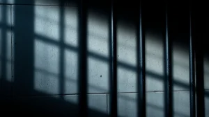 Close-up of prison cell bars casting dramatic shadows on concrete wall, moody blue-gray lighting, photorealistic detail showing texture and wear of metal