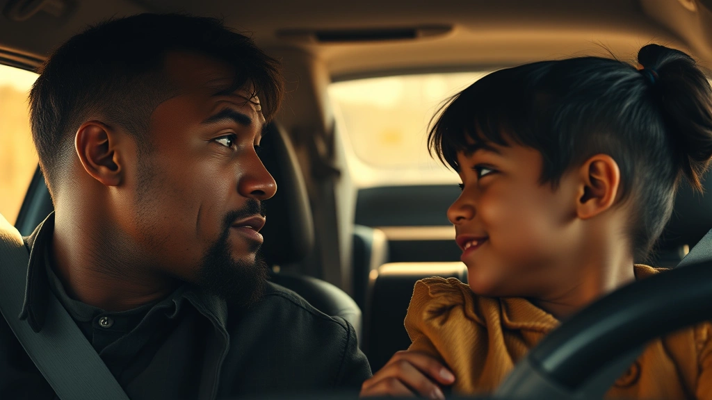 Close-up of two young actors and Dwayne Johnson in a vehicle interior, warm lighting emphasizing emotional connection and found family dynamics, intimate character moment with genuine expressions