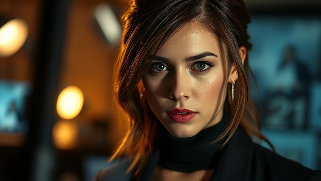 Professional female actor in dramatic scene, intense emotional expression, studio lighting, close-up portrait style, contemporary television set aesthetic, warm color grading, photorealistic