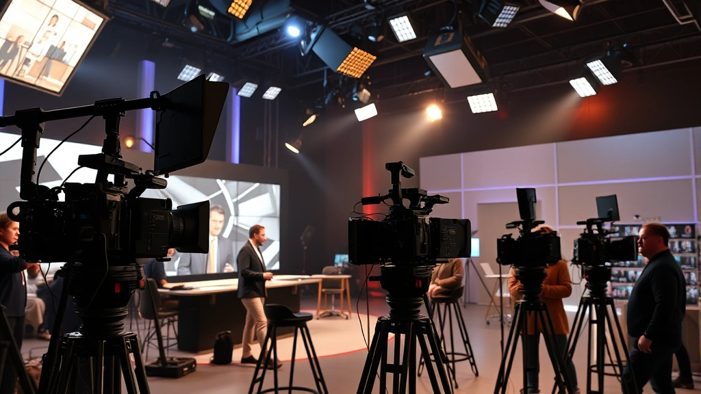 Television production set with multiple cameras and professional lighting rigs, crew members working, dramatic lighting setup, modern broadcast studio environment, photorealistic detail