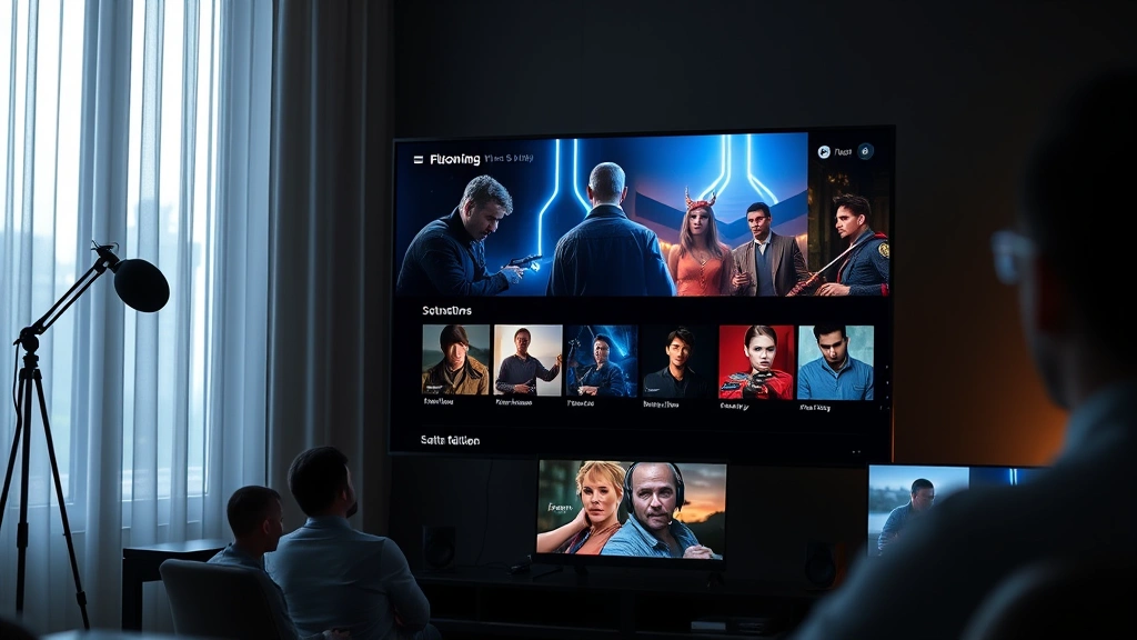 Streaming service interface showing dramatic television content thumbnails, modern digital media consumption setup, ambient lighting on device screens, contemporary viewing experience visualization