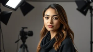 Professional female actor in modern film studio lighting, professional headshot style, contemporary entertainment industry setting, confident expression, neutral background, high-quality cinematography aesthetic