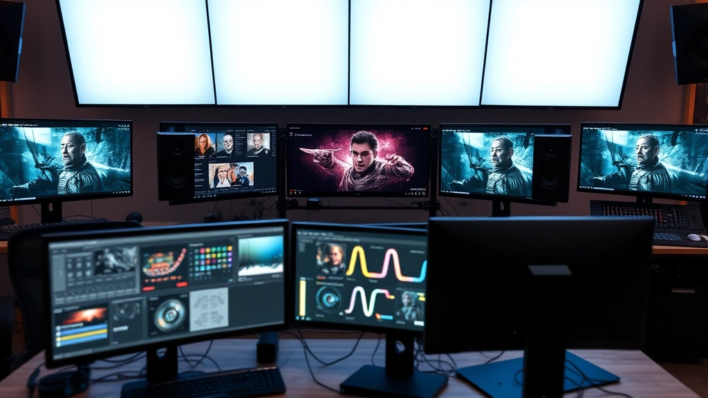 Digital media production environment with multiple monitors and streaming platform interfaces visible, creative workspace showing modern entertainment production technology, collaborative industry setting, professional atmosphere