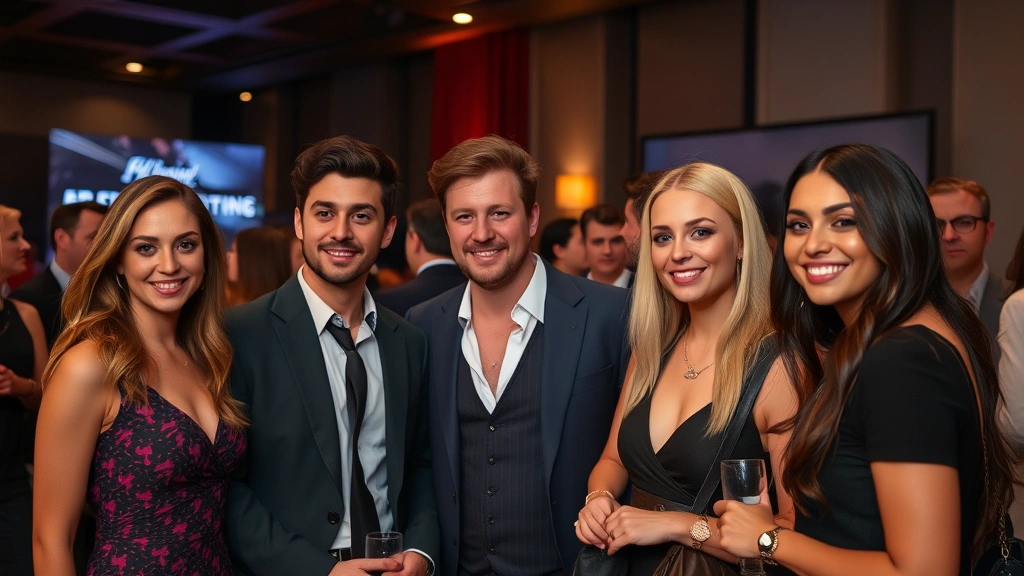 Emerging talent at entertainment industry event, professional attire, sophisticated event setting with ambient lighting, industry networking context, contemporary entertainment world representation, candid professional moment