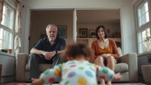 Split-screen composition showing two adults in separate rooms with a child's toy or belonging in foreground, suggesting emotional distance and family fracture, natural lighting through windows, muted color palette with earth tones, photorealistic intimate domestic space