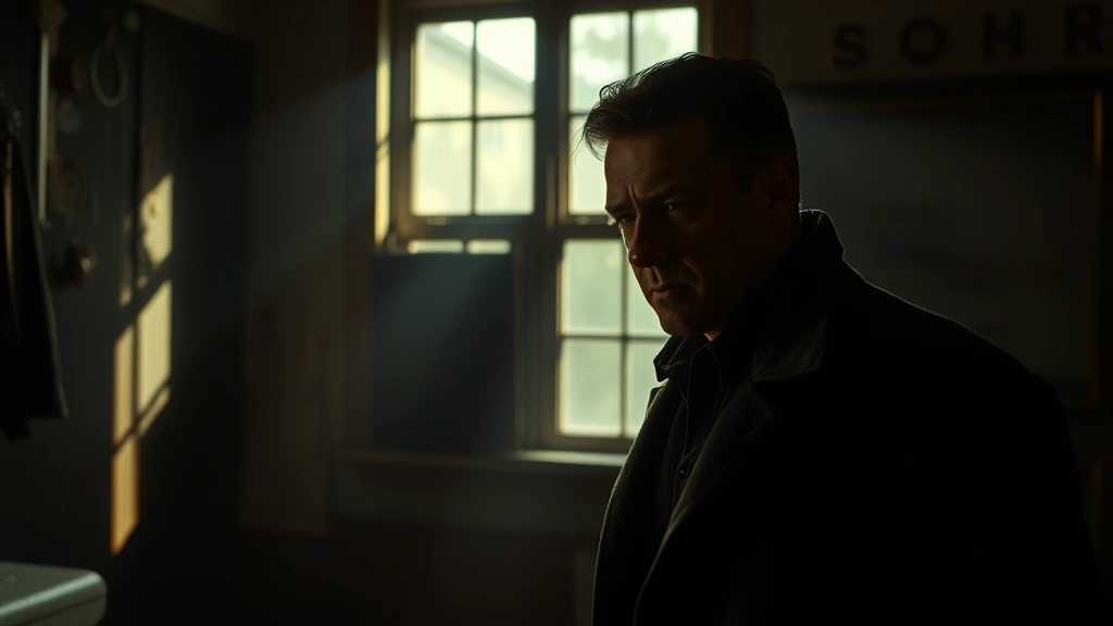 Actor in detective scene, noir-influenced lighting, worn interior setting, contemplative expression, crime drama atmosphere, natural window light creating shadows, gritty realistic cinematography
