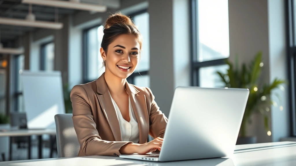 Professional woman in modern office setting wearing business casual attire, sitting at desk with laptop, bright natural lighting streaming through windows, confident expression, contemporary workspace aesthetic, photorealistic digital media environment