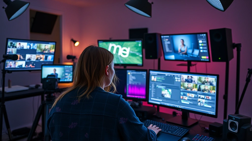 Creative production workspace showing monitors and editing equipment, woman reviewing footage or projects on screen, collaborative creative environment with modern technology, professional studio aesthetic, digital content creation space, contemporary media production setting