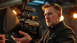 Professional film director reviewing footage on set with sophisticated cinema equipment, dramatic lighting, serious focused expression, modern filmmaking technology visible