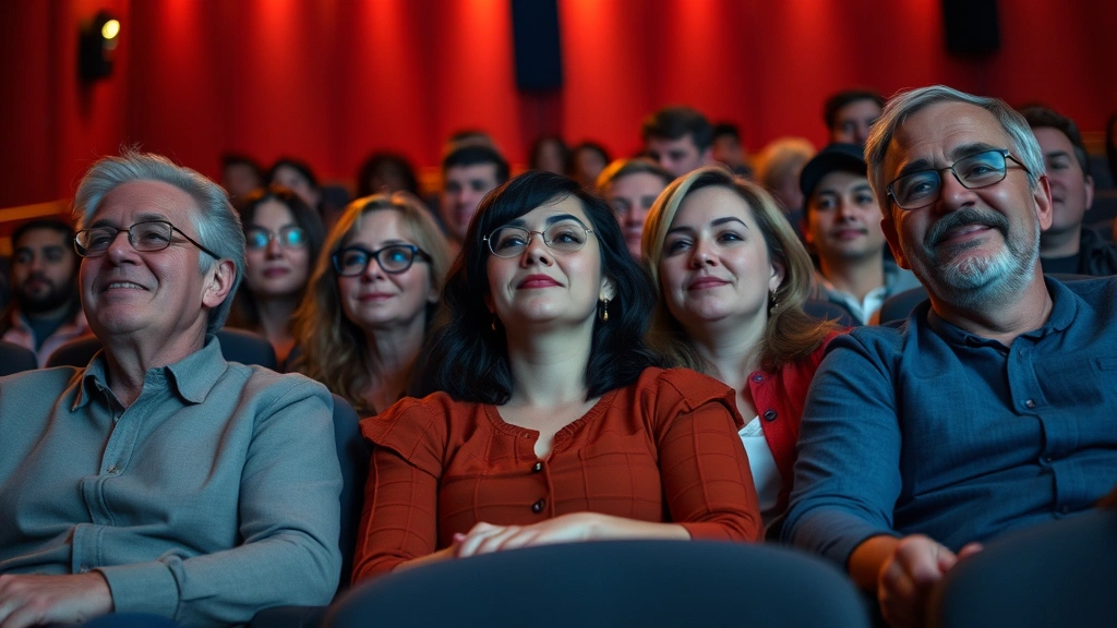 Diverse group of adult moviegoers in contemporary movie theater, engaged expressions, sitting together watching film, warm ambient lighting, realistic theater environment